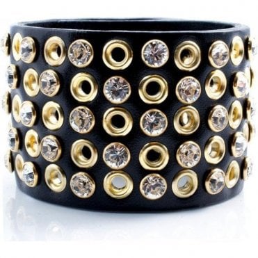 Athena Black Leather Gold Rivets & Swarovski Cuff Bracelet