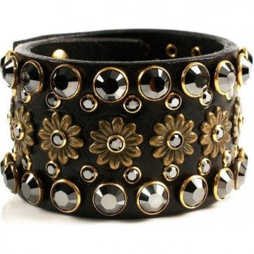 Black Flower Leather Swarovski Crystal Aura Cuff