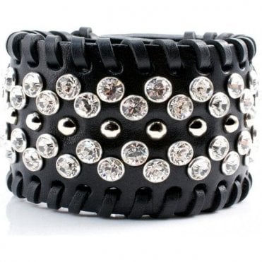 Black Hand Woven Leather Swarovski Cuff Bracelet