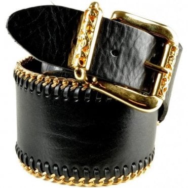 Black Leather Braided Gold Chain Belt