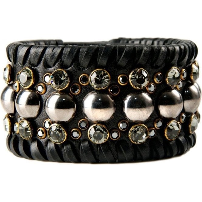 Impero London Black Leather Swarovski Crystal & Pyramid Damali Cuff