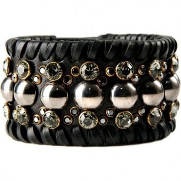 Black Leather Swarovski Crystal & Pyramid Damali Cuff