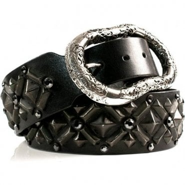 Black Leather Swarovski Crystal & Pyramid Hera Belt