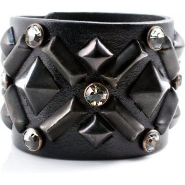 Black Leather Swarovski Crystal & Pyramid Hera Cuff