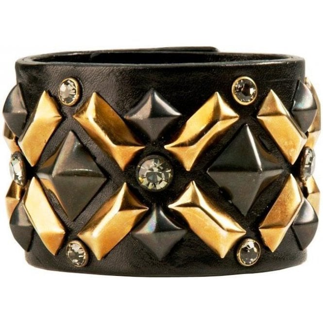 Impero London Black Leather Swarovski Crystal & Pyramid Hera Cuff