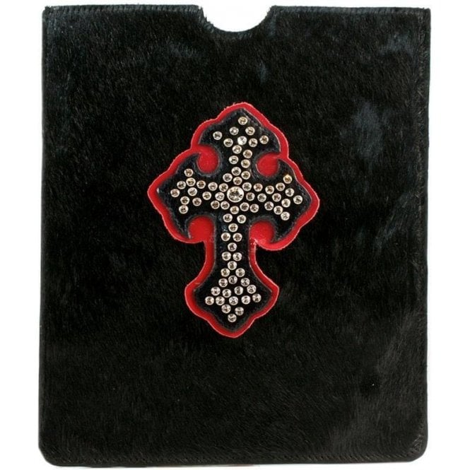 Impero London Black Luxury Pony Skin iPad Leather & Swarovski Red Cross Case
