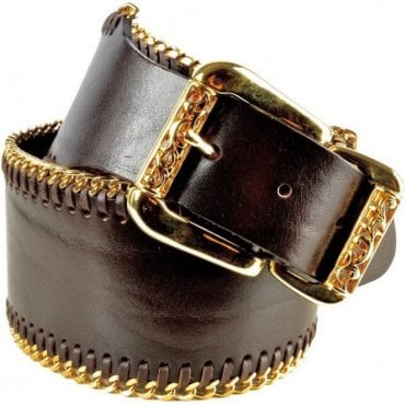 Brown Leather Braided Gold Chain Belt