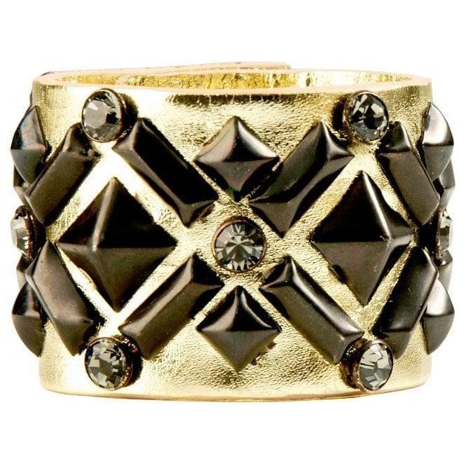 Impero London Gold Leather Swarovski Crystal & Pyramid Hera Cuff