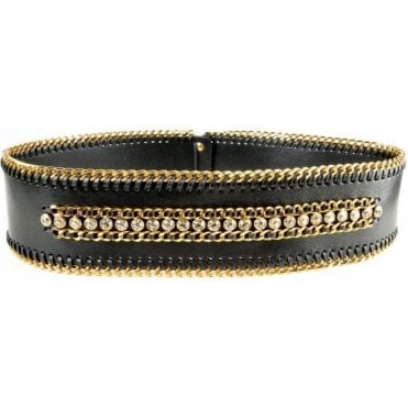 Hera Black Leather Braided Chain Belt With Swarovski