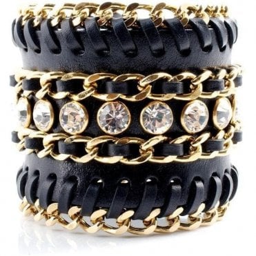 Hera Black Leather Braided Chain Bracelet Cuff With Swarovski