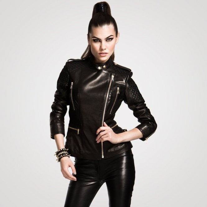 Impero London Amira | Black Leather Lambskin Moto Biker Jacket with Quilted Panels & Zip Waist