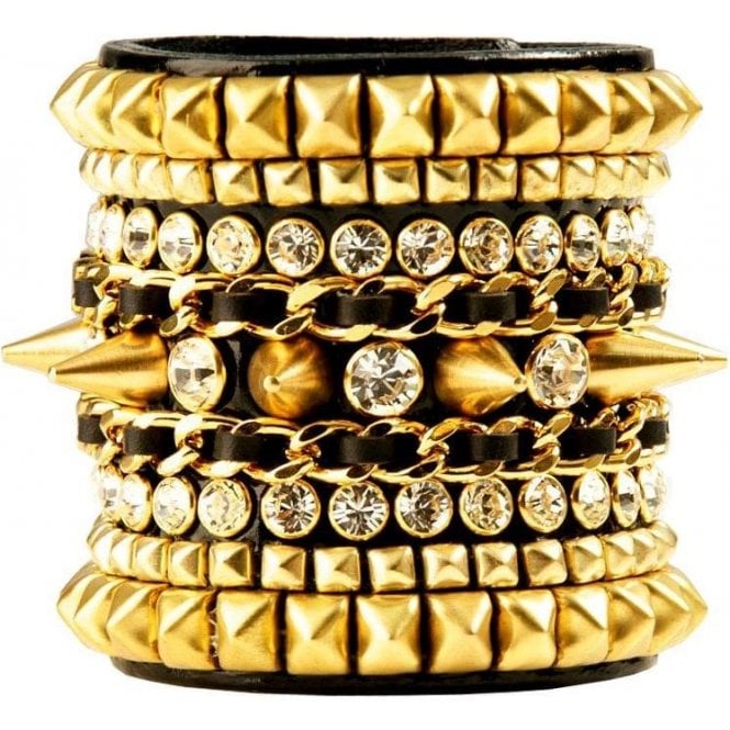 Impero London Black Leather Luxury Gold Swarovski Pyramid & Spike Aphrodite Cuff