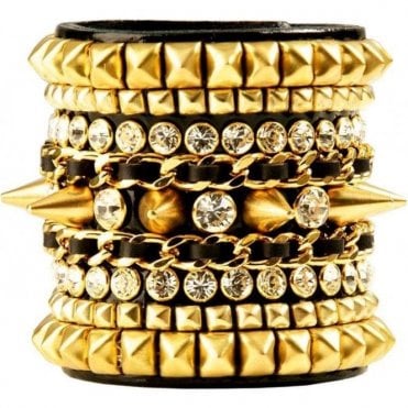 Black Leather Luxury Gold Swarovski Pyramid & Spike Aphrodite Cuff