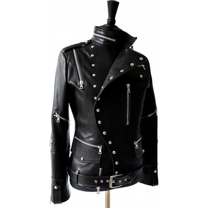 Impero London Black Leather Military Zipped Biker Jacket 