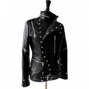 Impero London Black Leather Military Zipped Biker Jacket 