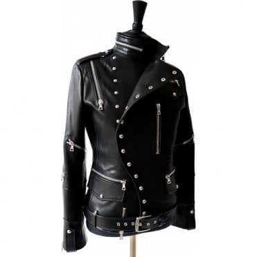 Impero London Black Leather Military Zipped Biker Jacket 