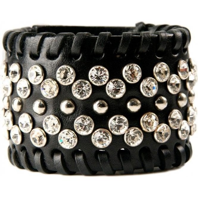 Impero London Black Leather Swarovski Crystal & Pyramid Eris Cuff