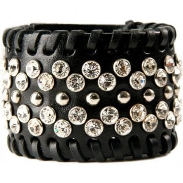 Black Leather Swarovski Crystal & Pyramid Eris Cuff