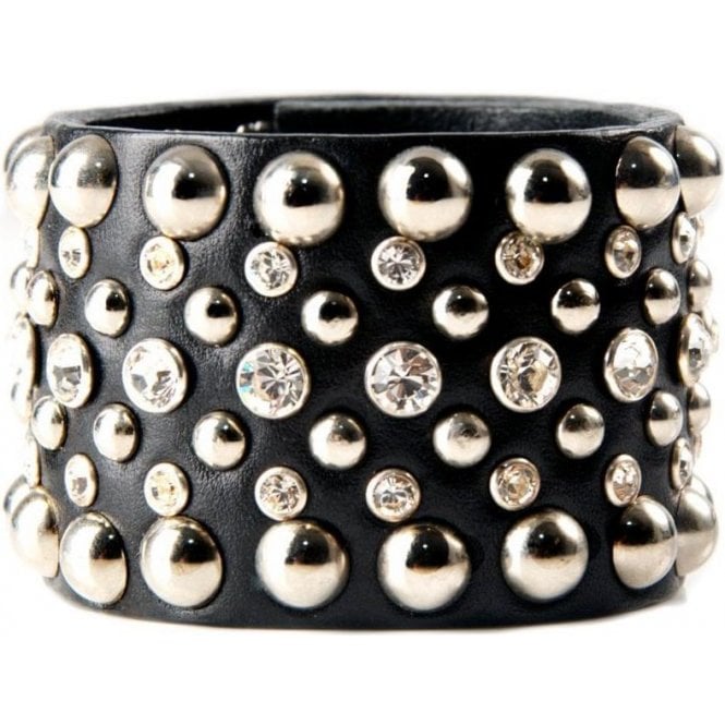 Impero London Black Leather Swarovski Crystal & Pyramid Gaia Cuff