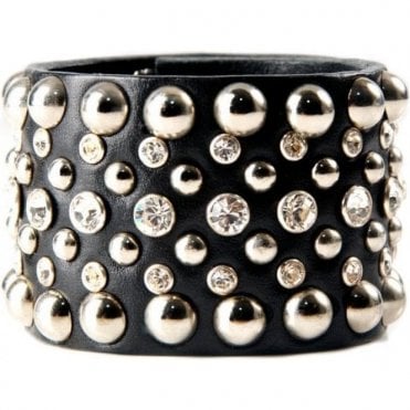 Black Leather Swarovski Crystal & Pyramid Gaia Cuff