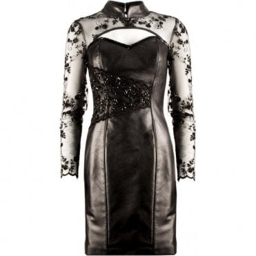 Fitted Black Leather and Beaded Lace Fitted Dress