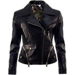Ladies Black Leather Lambskin Luxury Biker Moto Jacket Zip Details