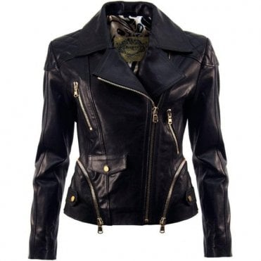 Ladies Black Leather Lambskin Luxury Biker Moto Jacket Zip Details