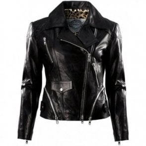 Ladies Black Leather Luxury Silver Multi Zip Biker Jacket