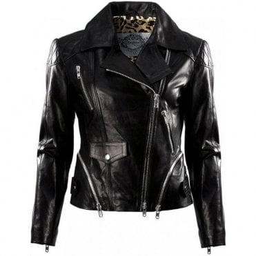 Ladies Black Leather Luxury Silver Multi Zip Biker Jacket