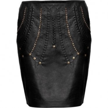 Ladies Luxury Black Leather Chain Detail Pencil Skirt