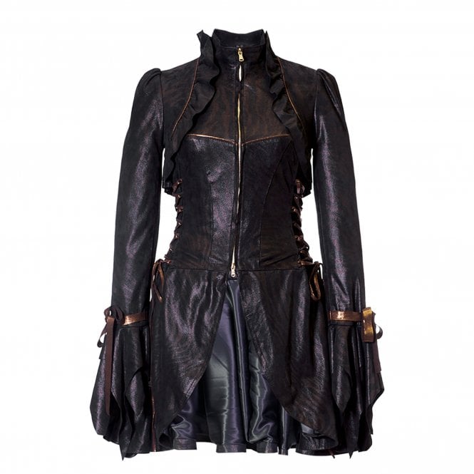 Impero London Ladies Zebra Print Lambs Leather Dress Coat with Ruffles and Corset 