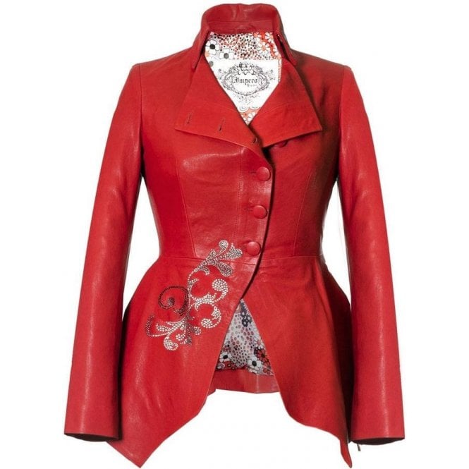 Impero London Limited Edition Ladies Luxury Swarovski Red Peplum Leather Jacket