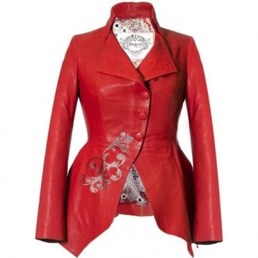 Limited Edition Ladies Luxury Swarovski Red Peplum Leather Jacket