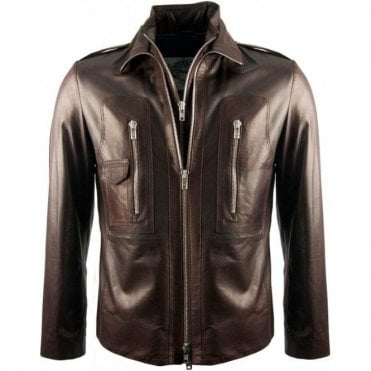 Limited Edition Mens Brown Leather Double Zip Tattoo Embroidered Bomber Jacket