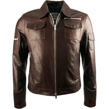 Limited Edition Mens Brown Leather Tattoo Embroidered Bomber Jacket
