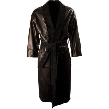 Luxury Black Leather Double Sided Mens Bespoke Dressing Gown