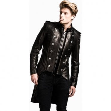 Impero London Mens Black Luxury Leather Military Morning Coat Tailcoat 