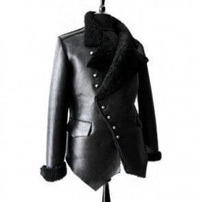 Mens Black Shearling Trimmed Leather Military Slim Fit Tailored Jacket
