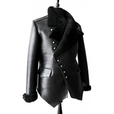 Mens Black Shearling Trimmed Leather Military Slim Fit Tailored Jacket