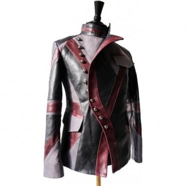 Mens Fitted Blue Leather Buttoned Union Jack Jacket 