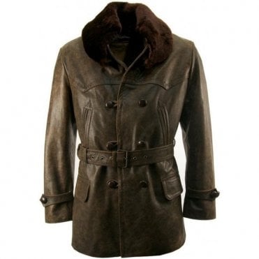 Mens Made to Measure Sheepskin Fur Collar Vintage Leather Pea Coat