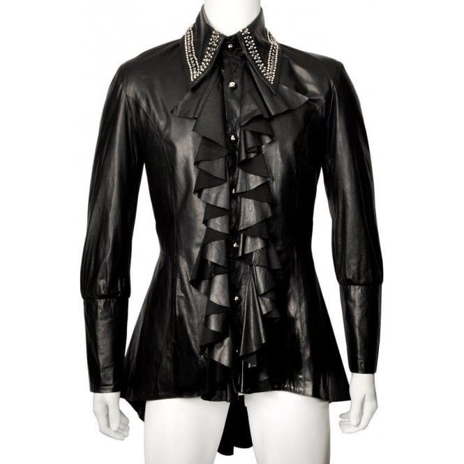 Impero London Mens Swarovski Military New Romantic Black Luxury Leather Shirt