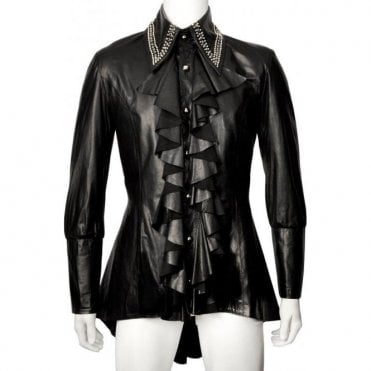 Mens Swarovski Military New Romantic Black Luxury Leather Shirt