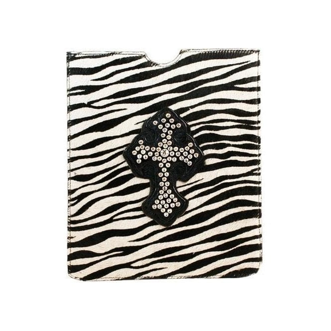 Impero London Pony Skin iPad Leather & Swarovski Cross Zebra Print Case