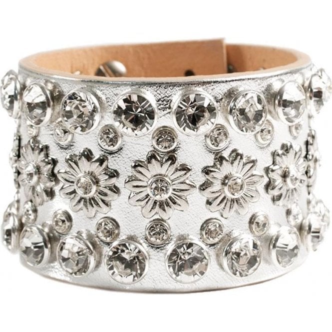 Impero London Silver Flower Leather Swarovski Crystal Aura Cuff
