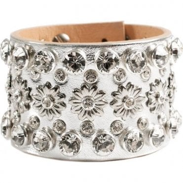 Silver Flower Leather Swarovski Crystal Aura Cuff