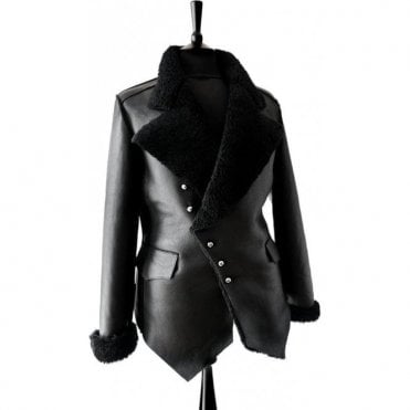 Slim Fit Black Lambs Shearling Leather Military Jacket