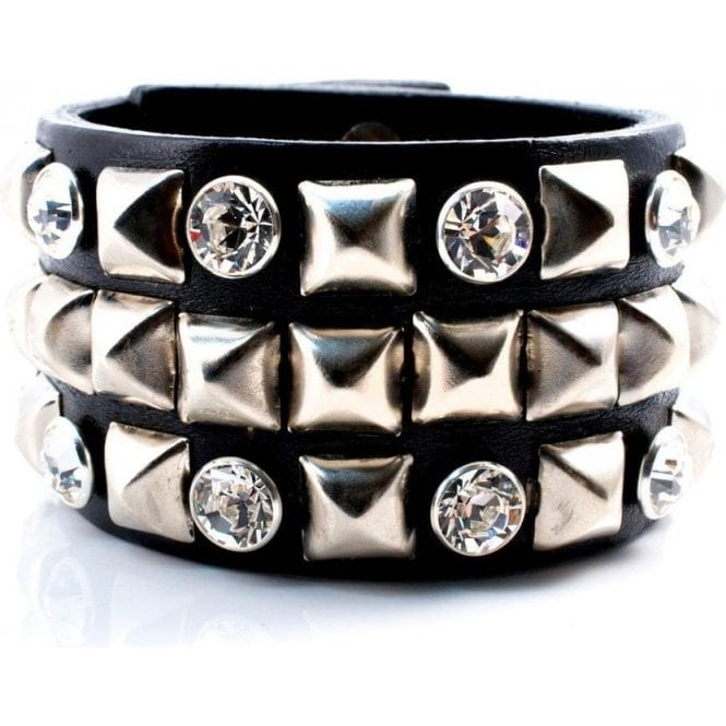 Impero London Swarovski Crystal & Silver Pyramid Black Leather Piter Cuff