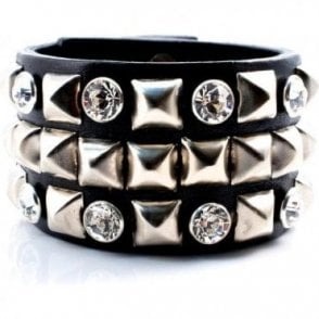 Swarovski Crystal & Silver Pyramid Black Leather Piter Cuff