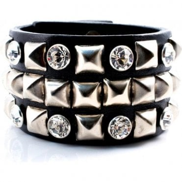Swarovski Crystal & Silver Pyramid Black Leather Piter Cuff